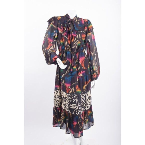 FARM Rio Dresses & Skirts - Farm Rio Womens Macaws Flight Tie-Neck Ankle Dress S  Tiered Animal Print NWT